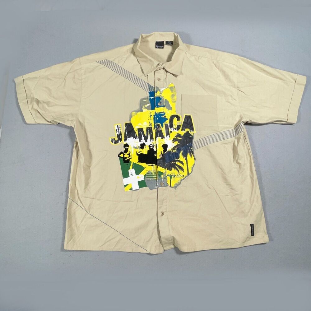 VTG Johnny Blaze Signature Linen‎ Blend Shirt Mens 3XL Jamaica Graphic Button Up